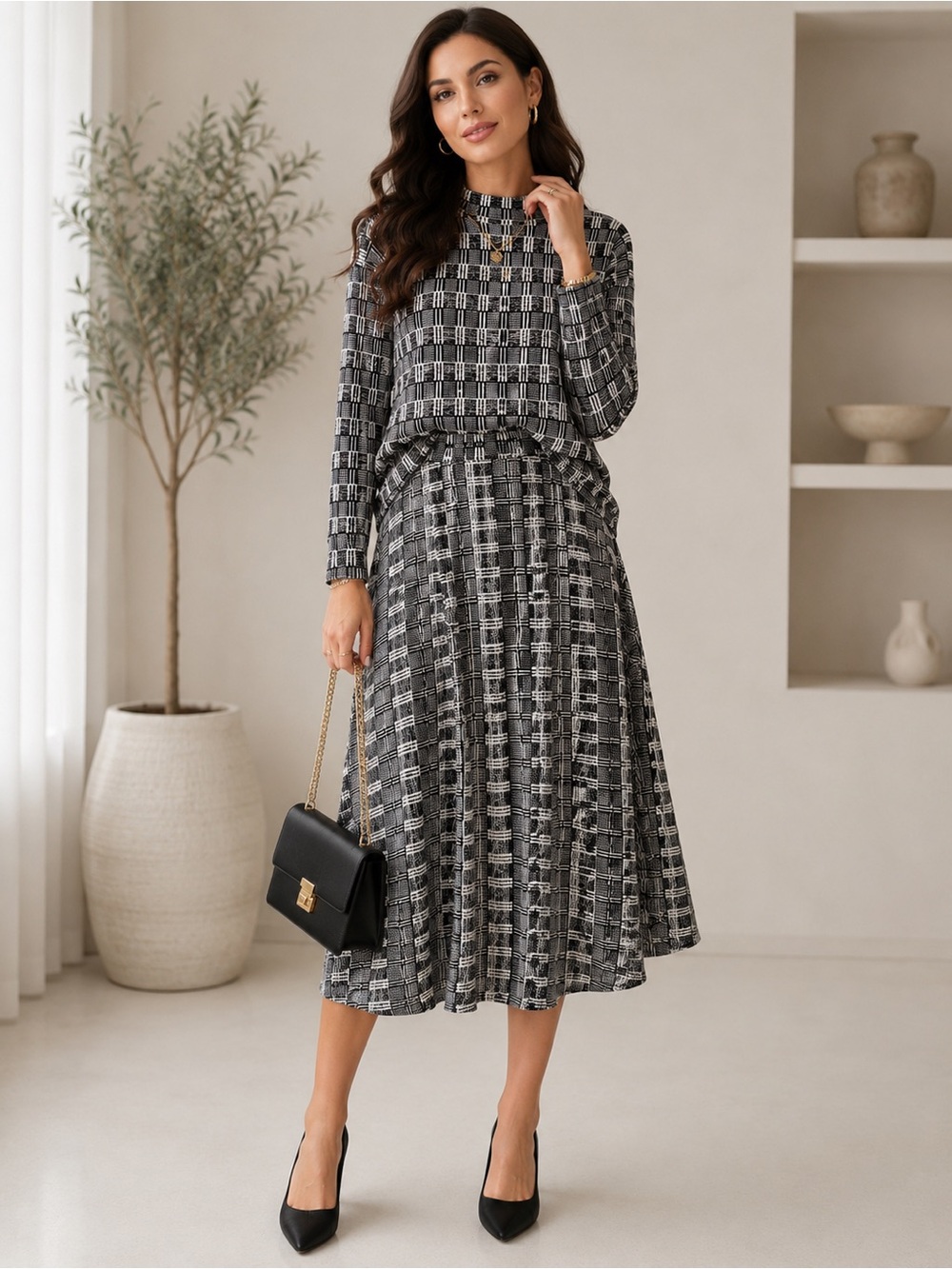 Black & White Plaid Knit Sweater and Skirt Set